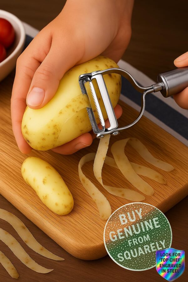 Top Chef 2-in-1 Kitchen Vegetable and Fruit Peeler, Stainless Steel, Julienne & Serrated Blades, Double-Edged Swivel Design for Bidirectional Peeling - Image 6