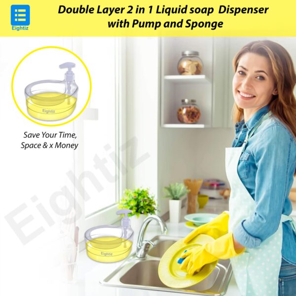 Double Layer Soap Dispenser for Bathroom Accessories Dishwasher Liquid Holder Liquid Dispenser Pump with Sponge Holder Kitchen Sink Accessories Items(Multi Colour) - Image 4