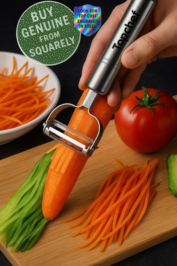 Top Chef 2-in-1 Kitchen Vegetable and Fruit Peeler, Stainless Steel, Julienne & Serrated Blades, Double-Edged Swivel Design for Bidirectional Peeling - Image 7