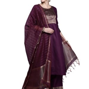 INDO ERA Women's Cotton Woven Yoke Design Straight Kurta Pant With Dupatta Set (Magenta_DDDDD4012_XX-Large)