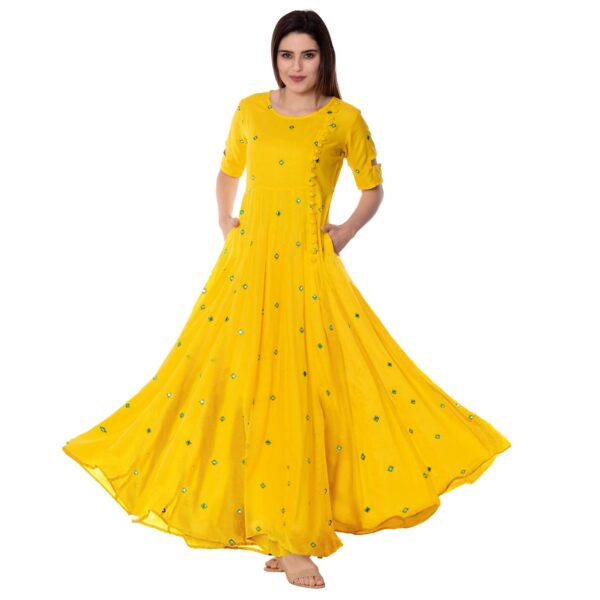 Arayna Women's Rayon Ankle Length Anarkali Regular Fit Dress Kurta (Ar 08 S_Yellow_S) - Image 2