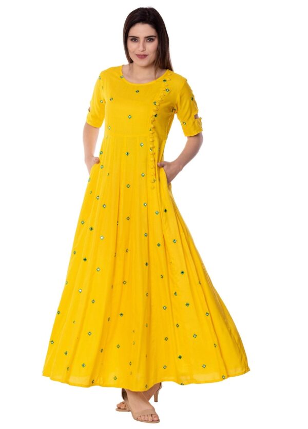 Arayna Women's Rayon Ankle Length Anarkali Regular Fit Dress Kurta (Ar 08 S_Yellow_S) - Image 5