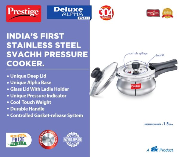 Prestige Omega Granite Aluminium Kitchen Set, 4-Pieces & Deluxe Alpha Svachh Stainless Steel Outer Lid Pressure Cooker 1.5L With Glass Lid (Deep for Spillage Control) - Image 3