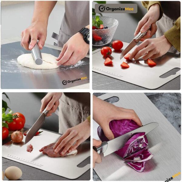 OrganizeMee Large Stainless Steel Cutting Board for Kitchen - Premium Vegetable and Fruit Cutter, Heavy-Duty Metal Chopping Board, Big Size Pad (36 cm X 25 cm) - Image 2