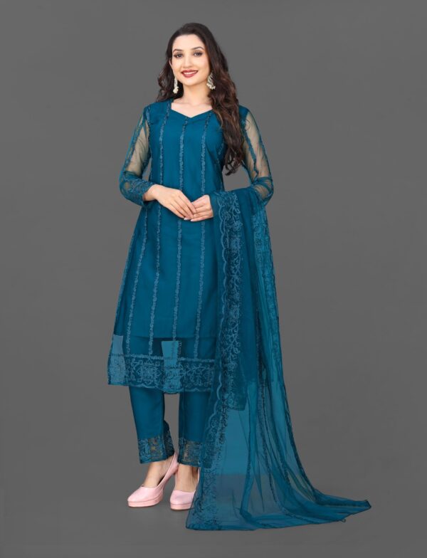 TOZRI Women Net, Cotton Rayon Kurta Pant with Dupatta Set (VVS1003) (M, RAMA) - Image 2