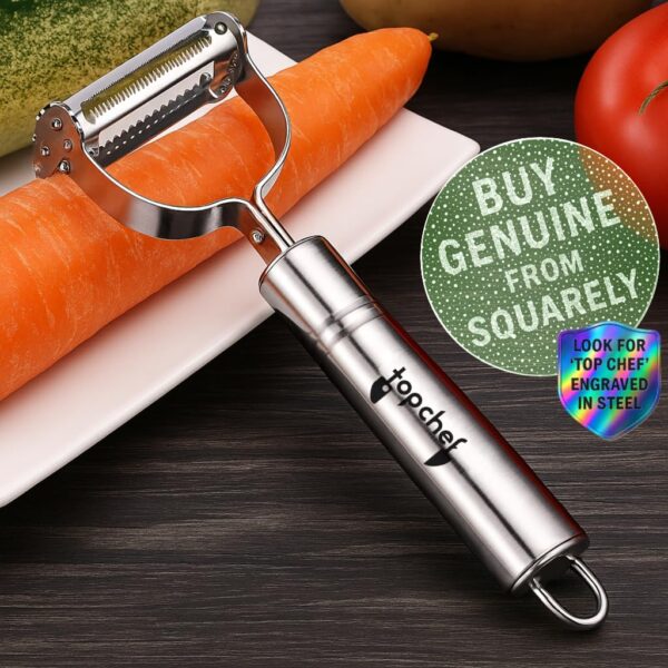 Top Chef 2-in-1 Kitchen Vegetable and Fruit Peeler, Stainless Steel, Julienne & Serrated Blades, Double-Edged Swivel Design for Bidirectional Peeling - Image 4