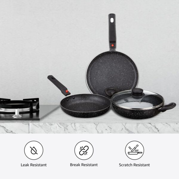 Amazon Brand - Solimo Aluminium 4 Piece Non-Stick Cookware Set with Detachable Handle | Granite Finish | Induction Base | Pfoa Free | HTR Exterior Coating | Black - Image 8
