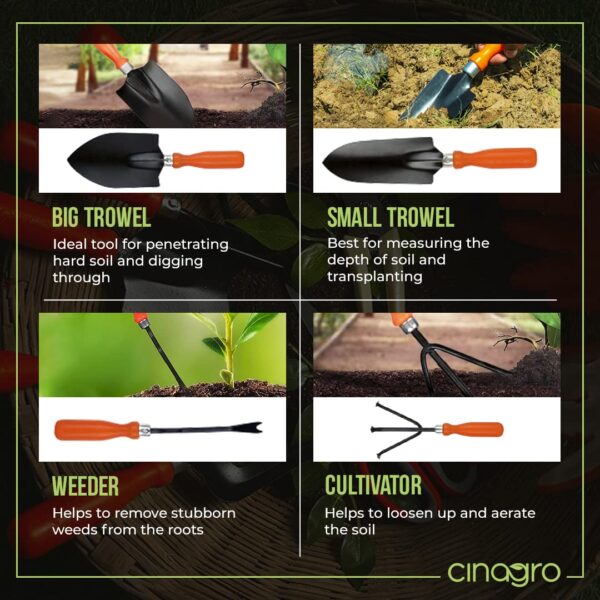 Cinagro Garden Tools Kit (Set of 7) Weeder, 2 Trowels, Hand Fork, Cultivator, Scissors, Pruner | Gardening Tools Kit for Home Garden, Indoor and Outdoor Gardening - Image 8