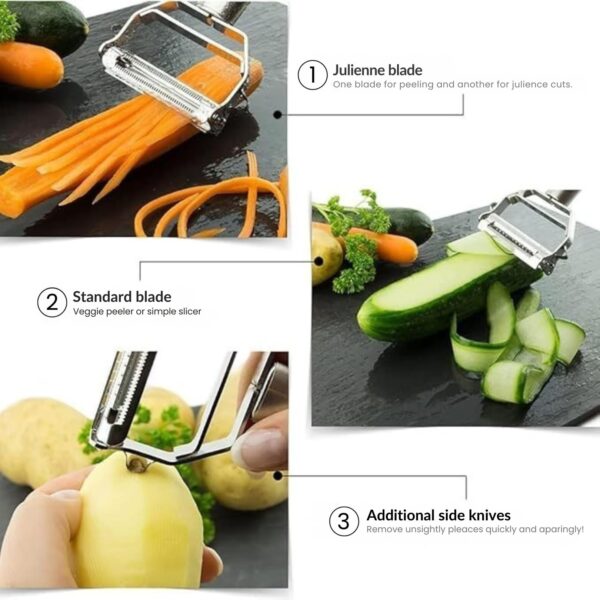 Go Store 2 in 1 Stainless Steel Julienne Vegetable Peeler Multi-Functional Fruit & Veggie Shredder Slicer and Grater for Potatoes, Carrots, Cucumbers (Silver, 18 x 8.2 x 2.4 cm) - Image 4