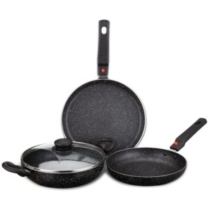 Amazon Brand - Solimo Aluminium 4 Piece Non-Stick Cookware Set with Detachable Handle | Granite Finish | Induction Base | Pfoa Free | HTR Exterior Coating | Black