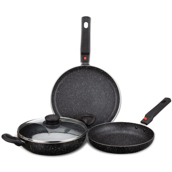 Amazon Brand - Solimo Aluminium 4 Piece Non-Stick Cookware Set with Detachable Handle | Granite Finish | Induction Base | Pfoa Free | HTR Exterior Coating | Black