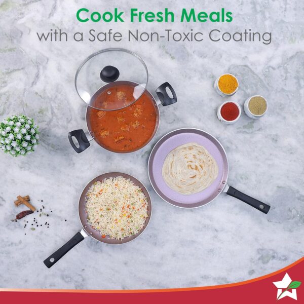 Wonderchef Valencia Non-Stick Cookware 4 Piece Set | Kadhai with Lid 24 cm, Fry Pan 24 cm, Dosa Tawa 28 cm | Pure Grade Aluminium| PFOA Free| 2 Years Warranty | Purple - Image 2