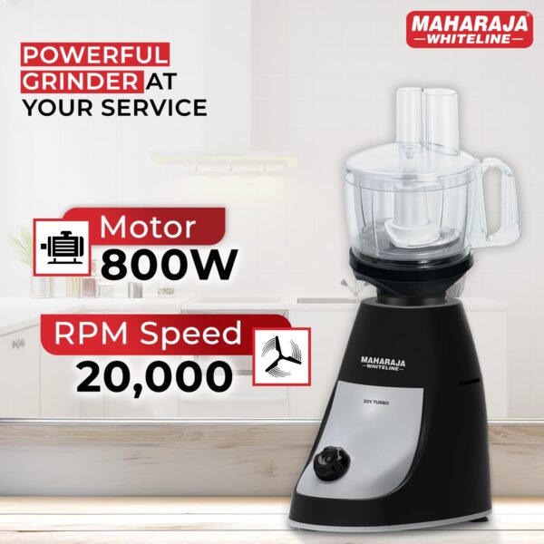 Maharaja Whiteline Joy Turbo 800 W Mixer Grinder with Juicer and Food Processor | Stainless Steel Blades | Cooling Operation | 4 Jars, 7 Blades Atta Kneader, Chop, Whisk, Slice & Shred | Black, Grey - Image 3