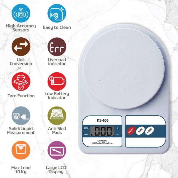 beatXP Kitchen Scale Multipurpose Portable Electronic Digital Weighing Scale | Weight Machine With Back Light LCD Display | White | 10 Kg | 2 Year Warranty - Image 6