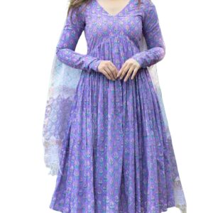 Nermosa Women Printed Anarkali Kurta and Pant Set with Dupatta (in, Alpha, S, Purple)