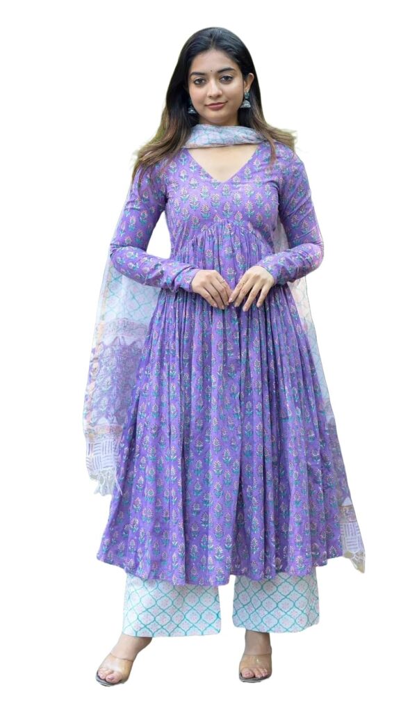 Nermosa Women Printed Anarkali Kurta and Pant Set with Dupatta (in, Alpha, S, Purple)