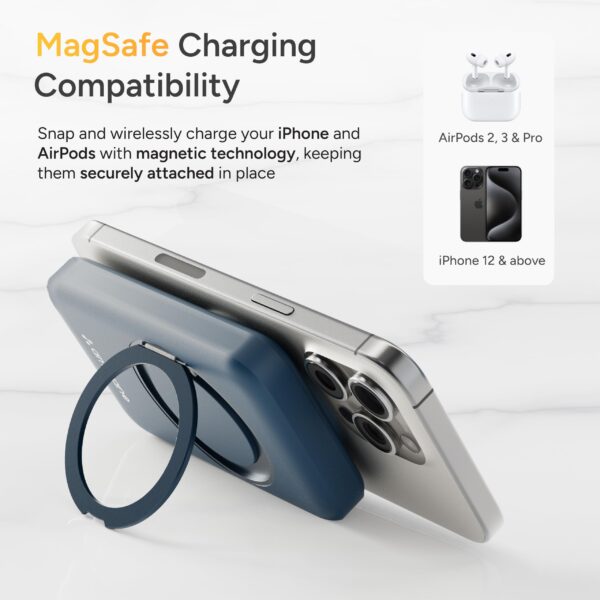 Ambrane MagSafe Wireless 10000mAh Fast Charging Power Bank with Mobile Stand, Strong Magnet, 22.5W Output for iPhone 12 & Above, Android & Other Qi Enabled Device + Magnetic Ring (Mount, Blue) - Image 6