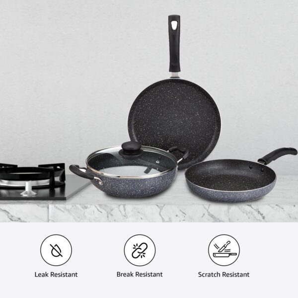 Amazon Solimo Aluminium 4 Piece Non-Stick Cookware Set | Granite Finish | Induction Base | PFOA Free | HTR Exterior Coating | 25 Cm Tawa, 22 Cm Kadai, 22 Cm Fry Pan, 1 Glass Lid | Grey - Image 8