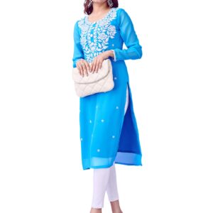 HESVI Women Georgette Regular Fit White Lakhnavi Chikankari Kurti with Intricate Embroidery Work (Blue, S)