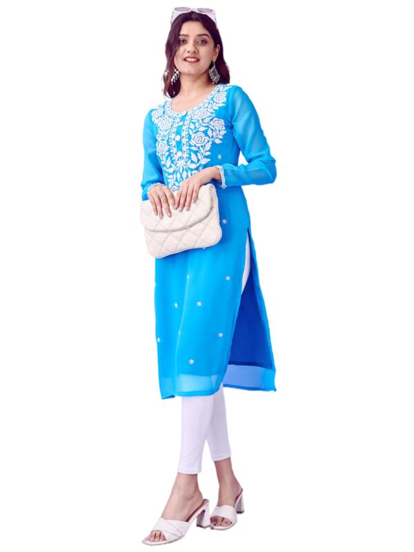 HESVI Women Georgette Regular Fit White Lakhnavi Chikankari Kurti with Intricate Embroidery Work (Blue, S)