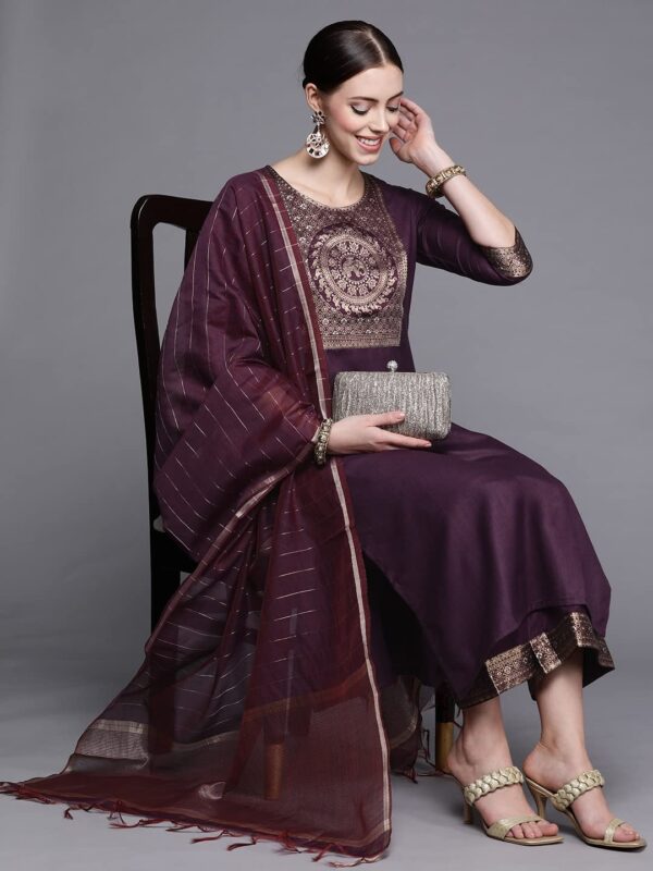 INDO ERA Women's Cotton Woven Yoke Design Straight Kurta Pant With Dupatta Set (Magenta_DDDDD4012_XX-Large) - Image 4