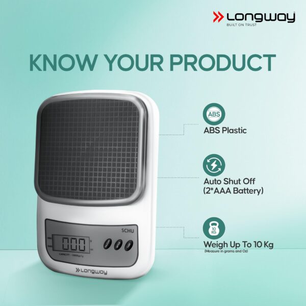 Longway LWKWS01 Multipurpose Portable Digital Kitchen Weighing Scale |Weight Machine With Back Light LCD Display |2 Year Warranty (10 kg, Gray) - Image 3