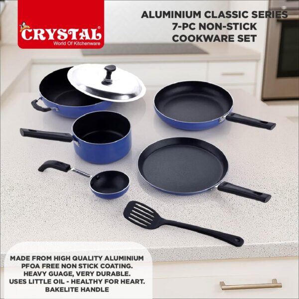 Crystal Aluminium Classic Series 7-Pc Non-Stick Cookware Set | PFOA Free | Tawa, Vagariya, Kadhai with SS Lid, Fry Pan, Sauce Pan, 1 Spatula | Multicolour - Image 6
