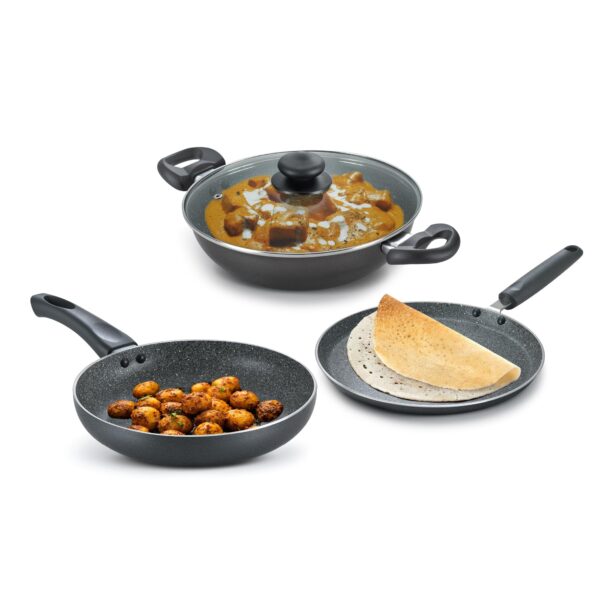 Prestige Omega Deluxe Granite Aluminium 3 Pcs Set- Tawa, Fry Pan & Kadai with 1 Glass Lid|Non-Stick|Spatter-Coated Surface|Induction & Gas Compatible|Black - Image 10
