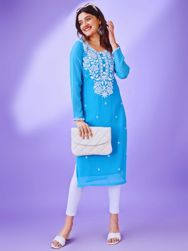 HESVI Women Georgette Regular Fit White Lakhnavi Chikankari Kurti with Intricate Embroidery Work (Blue, S) - Image 5