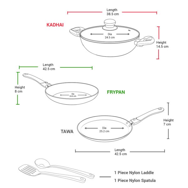 Milton Pro Cook Kitchen Pride Set of 5 Non Stick Cookware | Non Induction I Cooking Pan, Kadhai with Lid, Tawa, Nylon Laddle & Spatula I Peach - Image 3
