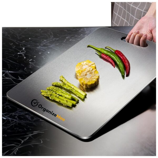 OrganizeMee Large Stainless Steel Cutting Board for Kitchen - Premium Vegetable and Fruit Cutter, Heavy-Duty Metal Chopping Board, Big Size Pad (36 cm X 25 cm)