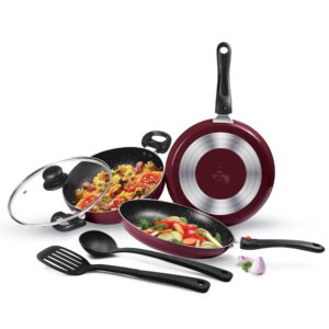 Milton Pro Cook Kitchen Pride Set of 5 Non Stick Cookware | Non Induction I Cooking Pan, Kadhai with Lid, Tawa, Nylon Laddle & Spatula I Peach