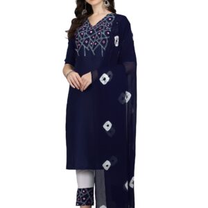 EthnicJunction Women's Cotton Blend Embroidered Mirror Work Kurta Pant and Dupatta Set (B23-Sonali-Navy Blue_S_Navy Blue)