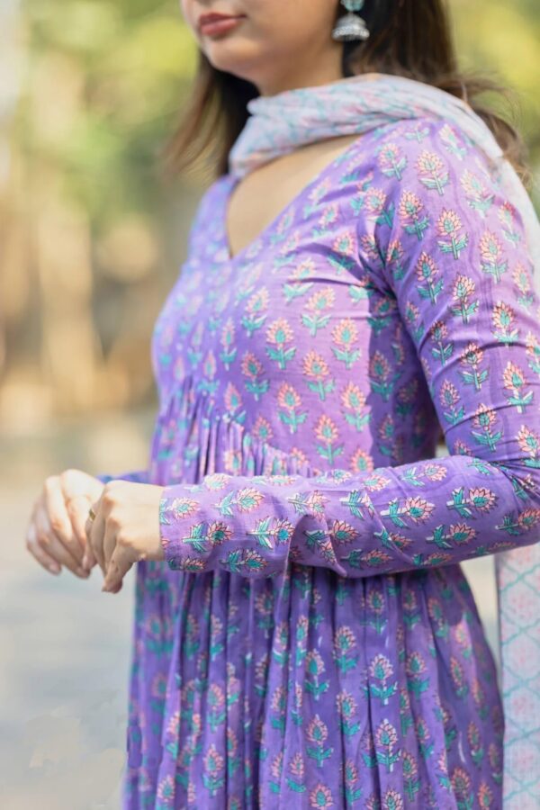 Nermosa Women Printed Anarkali Kurta and Pant Set with Dupatta (in, Alpha, S, Purple) - Image 5