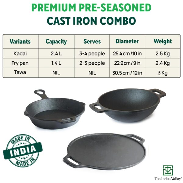 The Indus Valley Pre-Seasoned Cast Iron Cookware Set+ Free Tadka Pan|Tawa (30.5 Cm)+ Kadai (25.4 Cm/2.3L)+ Fry Pan (23 Cm/1.4L)|Kitchen Cooking Combo Pots & Pans Set Of 4Pcs|Naturally Nonstick - Black - Image 9