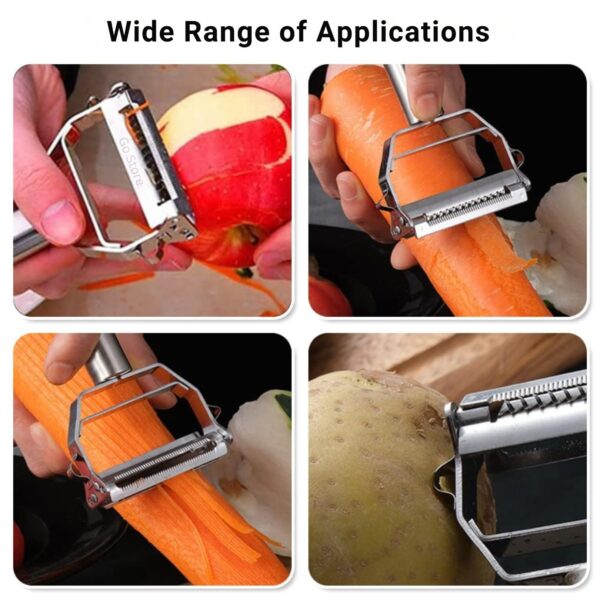 Go Store 2 in 1 Stainless Steel Julienne Vegetable Peeler Multi-Functional Fruit & Veggie Shredder Slicer and Grater for Potatoes, Carrots, Cucumbers (Silver, 18 x 8.2 x 2.4 cm) - Image 3