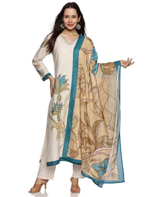 RAJMANDIRFABRICS Women's Cotton Hand Block Printed With Thread Work Straight Kurta Pant With Dupatta Set (PK10113089-XXL, XX-Large, Off White)