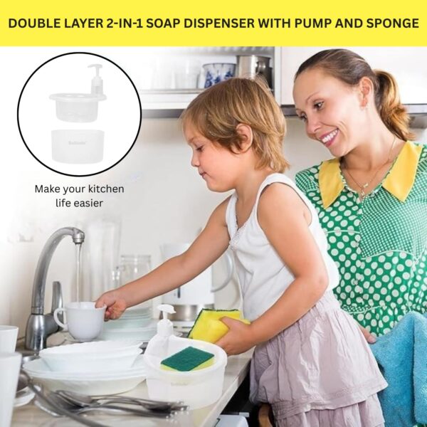 Solitude Double Layer Soap Dispenser with 2 Sponges for Bathroom Accessories Dishwasher Liquid Holder Liquid Dispenser Pump with Sponge Holder Kitchen Sink Accessories Items (Transparent) - Image 3