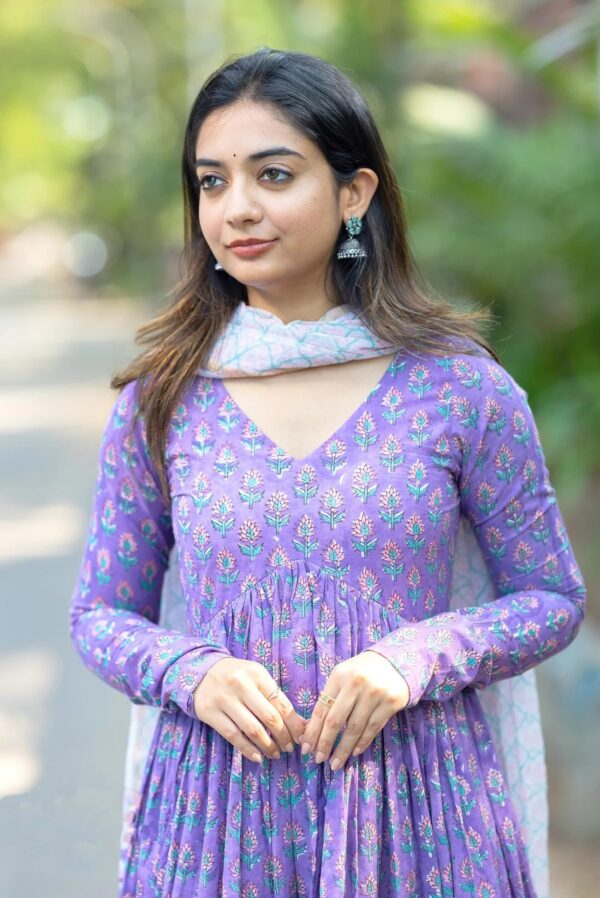 Nermosa Women Printed Anarkali Kurta and Pant Set with Dupatta (in, Alpha, S, Purple) - Image 7