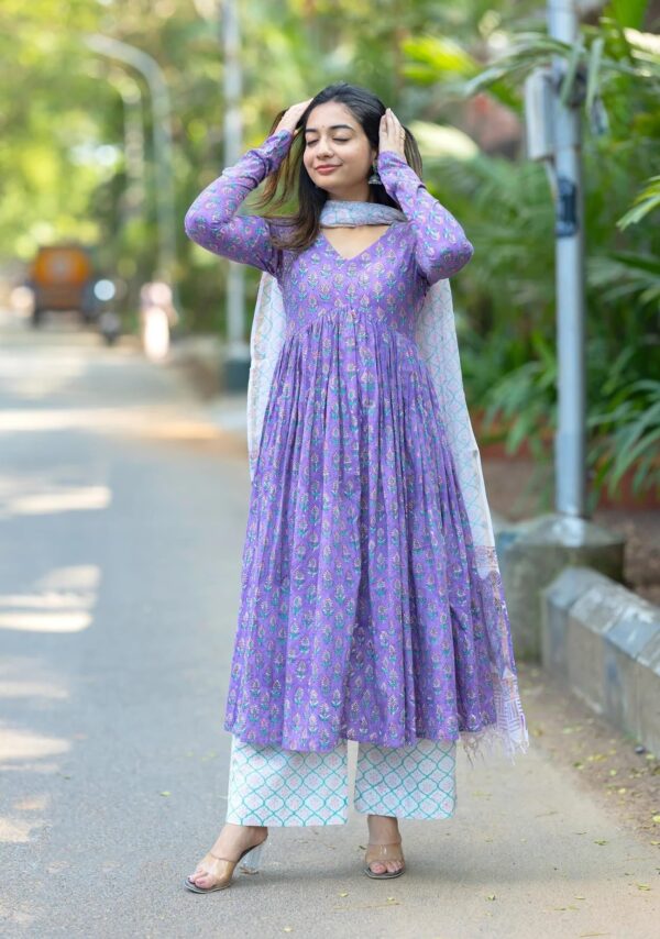 Nermosa Women Printed Anarkali Kurta and Pant Set with Dupatta (in, Alpha, S, Purple) - Image 2