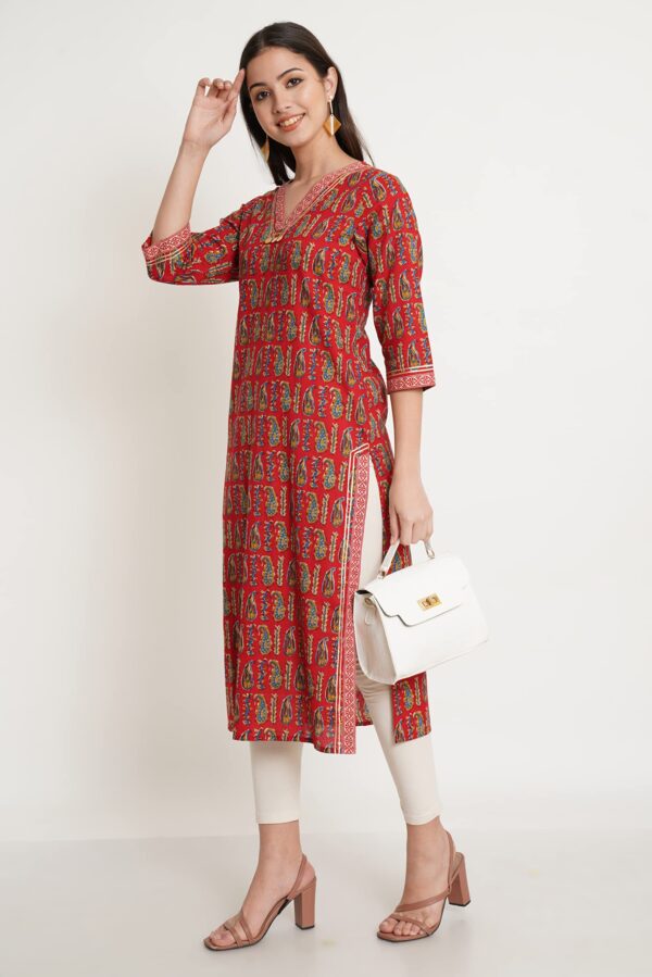 Amazon Brand - Anarva Jaipuri Cotton Printed Straight Kurta for Women (Red Paisley) - Image 3