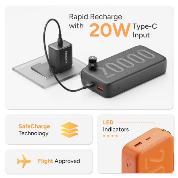 Ambrane 20000mAh Powerbank with in-Build Type C Cable, 22.5W Fast Charging, USB & Type C Output, Power Delivery, Quick Charge for iPhone, Android Mobile & Tablets, Earbuds, (Stylo N20, Purple) - Image 2