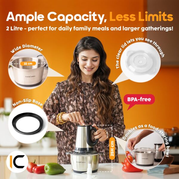 InstaCuppa 300W Electric Chopper - 2L Steel Bowl with 3 Attachments - Image 4