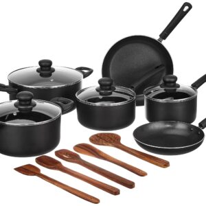 Amazon Brand - Solimo Aluminium Non-Stick Cookware Set, 11 Piece, Black