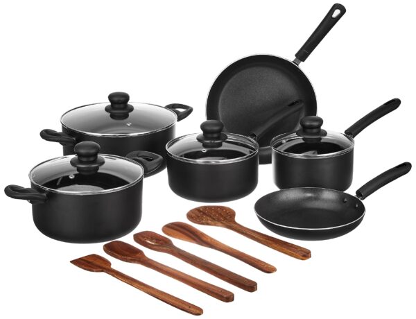 Amazon Brand - Solimo Aluminium Non-Stick Cookware Set, 11 Piece, Black