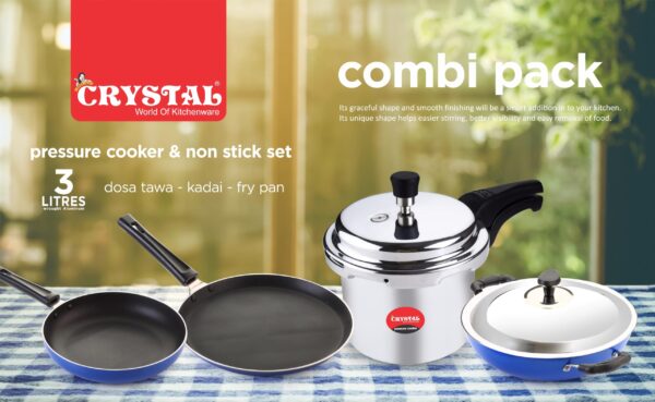 Crystal Nonstick Kitchen cookware Set | Kitchen Combi | Tawa 250 mm | Fry Pan 240 mm | Kdai with Steel Lid 240 mm | Pressure Cooker 3 LTR | PFOA Free | Blue - Image 7