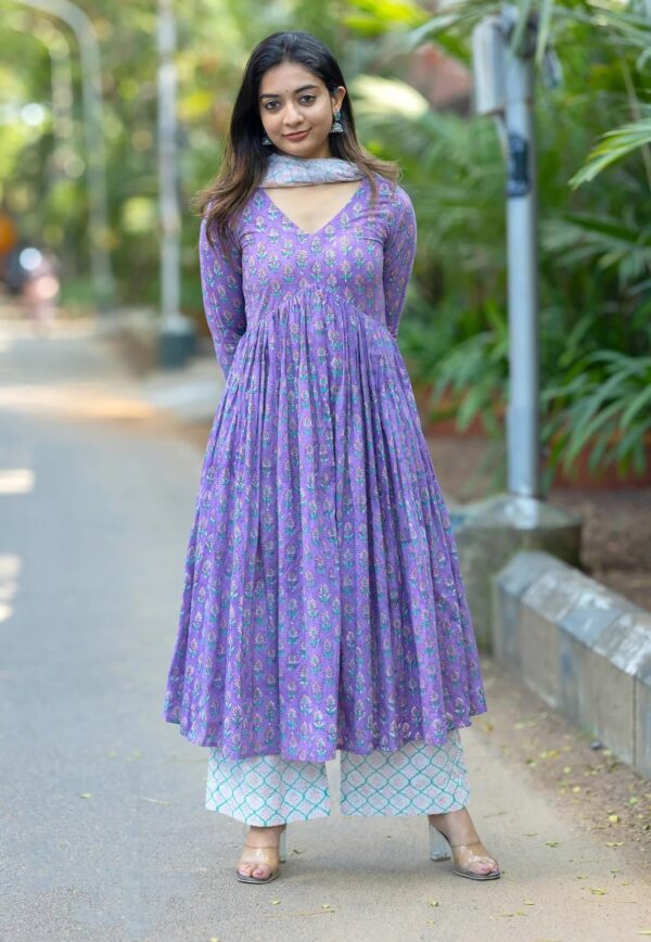 Nermosa Women Printed Anarkali Kurta and Pant Set with Dupatta (in, Alpha, S, Purple) - Image 3