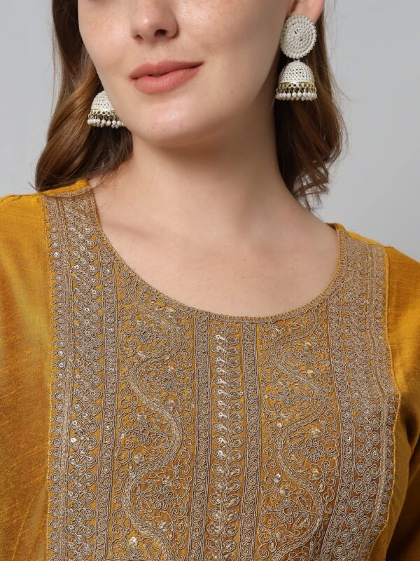 VredeVogel Women's Embroidered Floral Cotton Silk Blend Kurta Pant and Dupatta Set (Mustard_XX-Large) - Image 5
