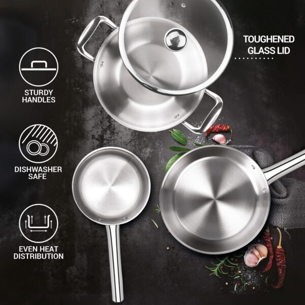 Milton Pro cook Triply Stainless Steel 4 Pc Induction Cookware Set, Tea Pan 16cm, Fry Pan 22cm, Kadai with Glass Lid 24cm, Even & Fast Cooking, Induction & Gas Ready, 3 Years Warranty by Manufacturer - Image 7