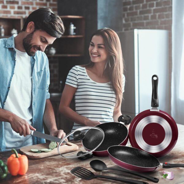 Milton Pro Cook Kitchen Pride Set of 5 Non Stick Cookware | Non Induction I Cooking Pan, Kadhai with Lid, Tawa, Nylon Laddle & Spatula I Peach - Image 2